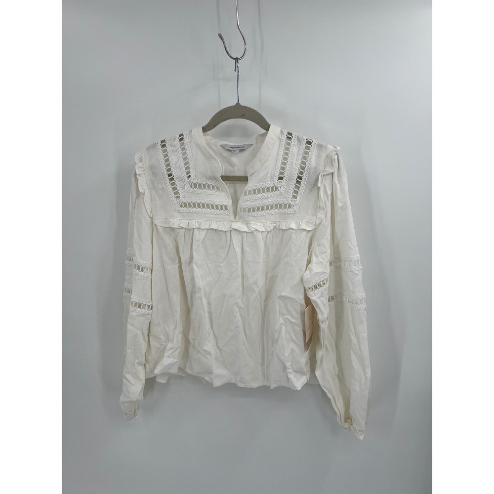 Calligraphie White Linen Blend Ladder Lace Ruffle Blouse NWT‎ Large